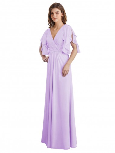 Lila A-Linien V-Ausschnitt Chiffon Lange Brautjungfernkleider Verkäufer