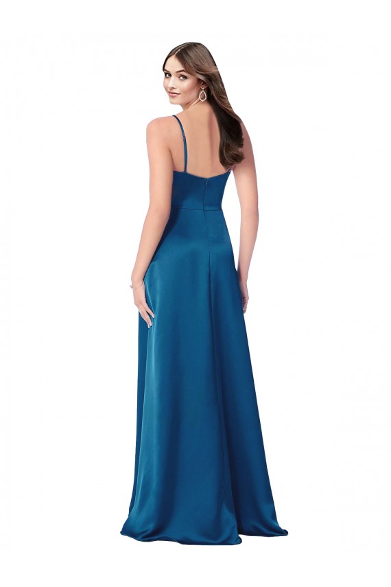 Pfauenblau A-Linien Spaghetti-Träger Haube Ausschnitt Seidiger Satin Lange Formale Brautjungfernkleider / Abendkleider / Abiballkleider Verkäufer
