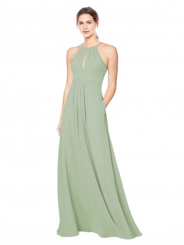 Rauchgrün A-Linien Neckholder Chiffon Lange Brautjungfernkleider Verkäufer