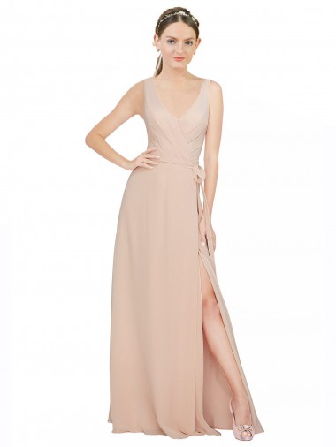 Rosa 114 A-Linien V-Ausschnitt Chiffon Lange Brautjungfernkleider Verkäufer