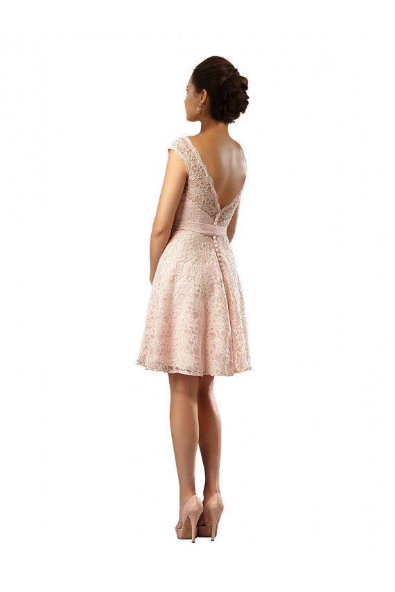 Rosa A-Linien Illusion Ausschnitt Knielang Chiffon Spitze Kurze Brautjungfernkleider Verkäufer