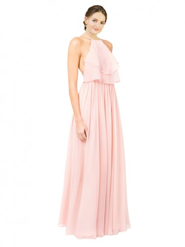 Rosa A-Linien Neckholder Chiffon Lange Brautjungfernkleider Verkäufer