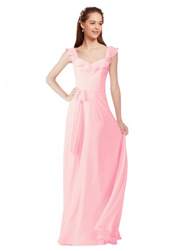Rosa A-Linien V-Ausschnitt Chiffon Lange Brautjungfernkleider Verkäufer