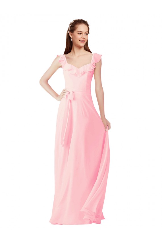 Rosa A-Linien V-Ausschnitt Chiffon Lange Brautjungfernkleider Verkäufer