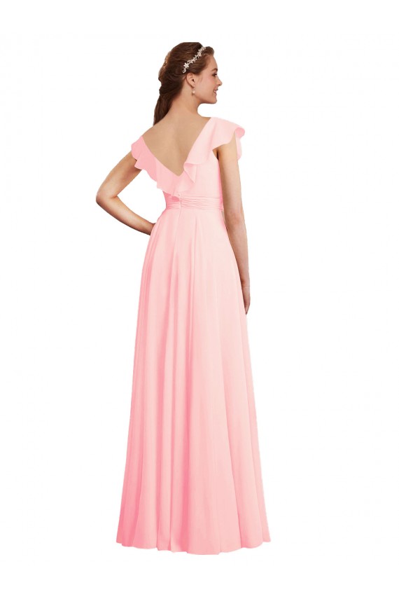 Rosa A-Linien V-Ausschnitt Chiffon Lange Brautjungfernkleider Verkäufer