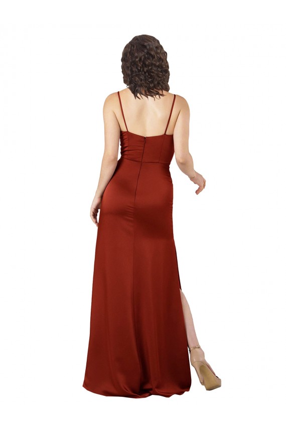 Rot A-Linien Spaghetti-Träger Quadrat Ausschnitt Seidiger Satin Lange Formale Brautjungfernkleider / Abendkleider / Abiballkleider Verkäufer