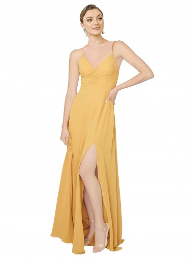 Safran A-Linien V-Ausschnitt Chiffon Lange Brautjungfernkleider Verkäufer