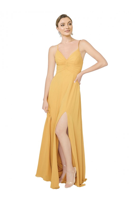 Safran A-Linien V-Ausschnitt Chiffon Lange Brautjungfernkleider Verkäufer