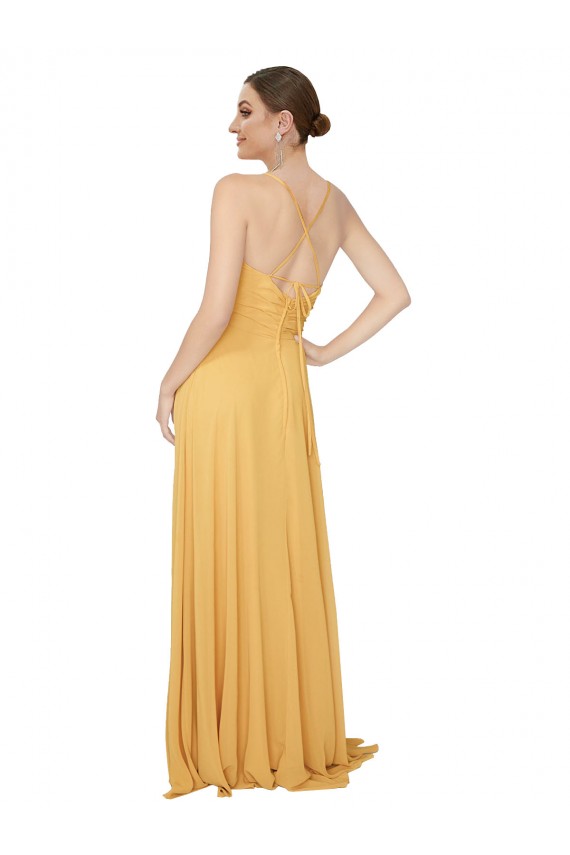 Safran A-Linien V-Ausschnitt Chiffon Lange Brautjungfernkleider Verkäufer