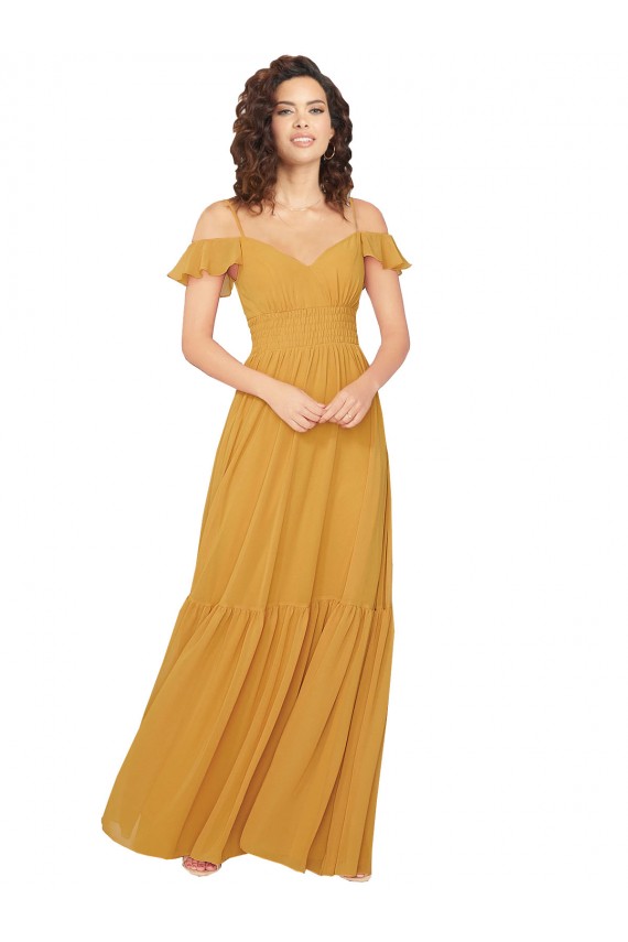 Safran A-Linien V-Ausschnitt Chiffon Lange Brautjungfernkleider Verkäufer