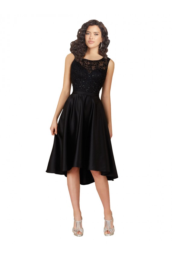 Schwarz A-Linien Illusion Ausschnitt Midi Satin Spitze Kurze Brautjungfernkleider / Cocktailkleider / Heimkehr Kleider Verkäufer