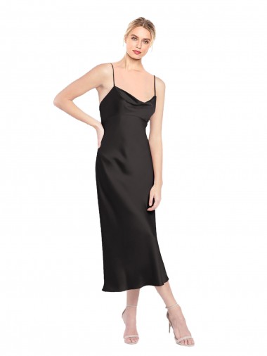 Schwarz A-Linien Spaghetti-Träger Haube Ausschnitt Midi Stretch-Satin Kurze Formale Brautjungfernkleider / Abendkleider / Abiballkleider / Cocktailkleider / Heimkehr Kleider Verkäufer