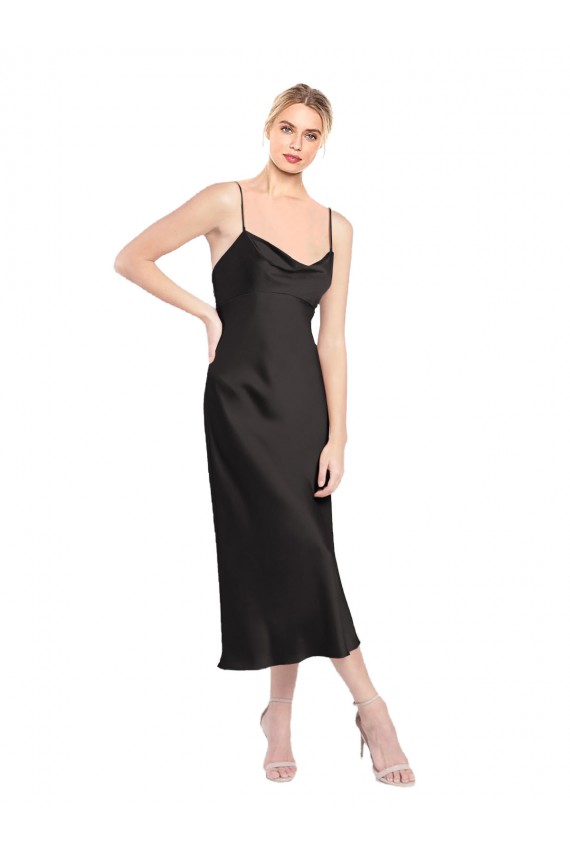 Schwarz A-Linien Spaghetti-Träger Haube Ausschnitt Midi Stretch-Satin Kurze Formale Brautjungfernkleider / Abendkleider / Abiballkleider / Cocktailkleider / Heimkehr Kleider Verkäufer