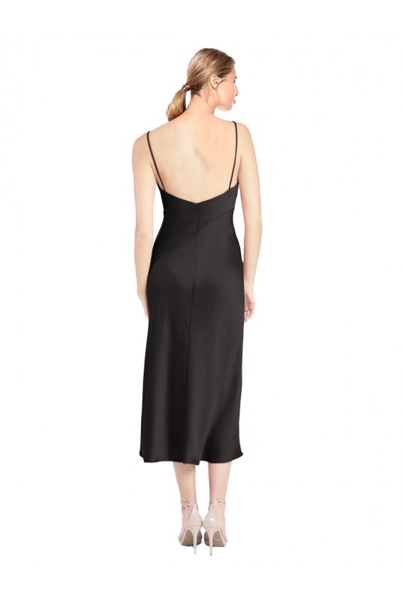 Schwarz A-Linien Spaghetti-Träger Haube Ausschnitt Midi Stretch-Satin Kurze Formale Brautjungfernkleider / Abendkleider / Abiballkleider / Cocktailkleider / Heimkehr Kleider Verkäufer