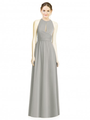 Silber A-Linien Neckholder Chiffon Lange Brautjungfernkleider Verkäufer