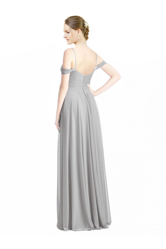 Silber A-Linien Off-Schulter Spaghetti-Träger Chiffon Lange Brautjungfernkleider Verkäufer