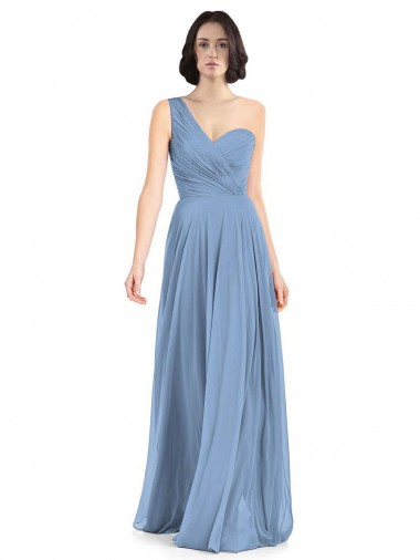 Staubiges Blau A-Linien Eine-Schulter Chiffon Lange Brautjungfernkleider Verkäufer