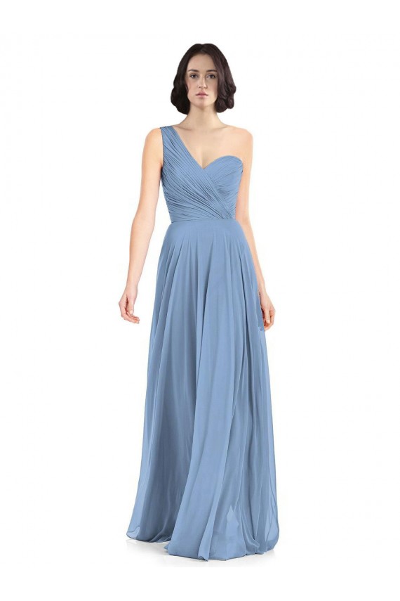 Staubiges Blau A-Linien Eine-Schulter Chiffon Lange Brautjungfernkleider Verkäufer