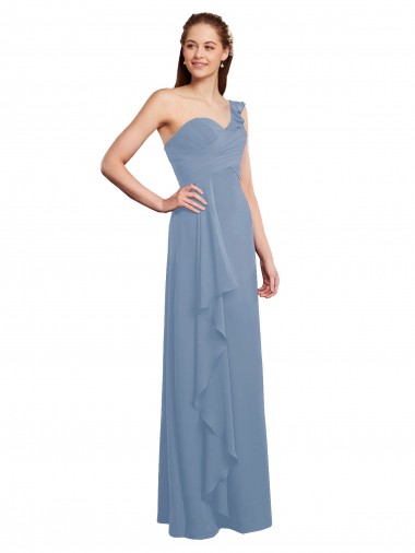 Staubiges Blau A-Linien Eine-Schulter Chiffon Lange Brautjungfernkleider Verkäufer