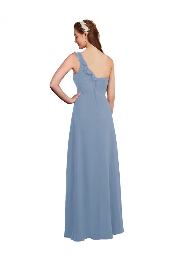 Staubiges Blau A-Linien Eine-Schulter Chiffon Lange Brautjungfernkleider Verkäufer