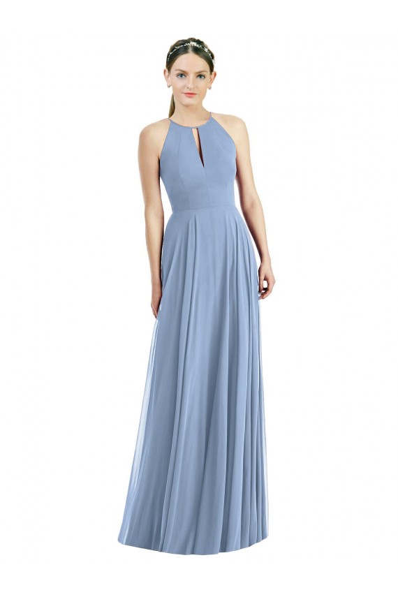 Staubiges Blau A-Linien Neckholder Chiffon Lange Brautjungfernkleider Verkäufer
