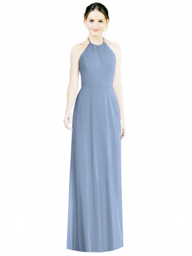 Staubiges Blau A-Linien Neckholder Chiffon Lange Brautjungfernkleider Verkäufer