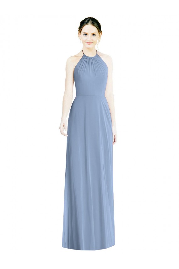 Staubiges Blau A-Linien Neckholder Chiffon Lange Brautjungfernkleider Verkäufer
