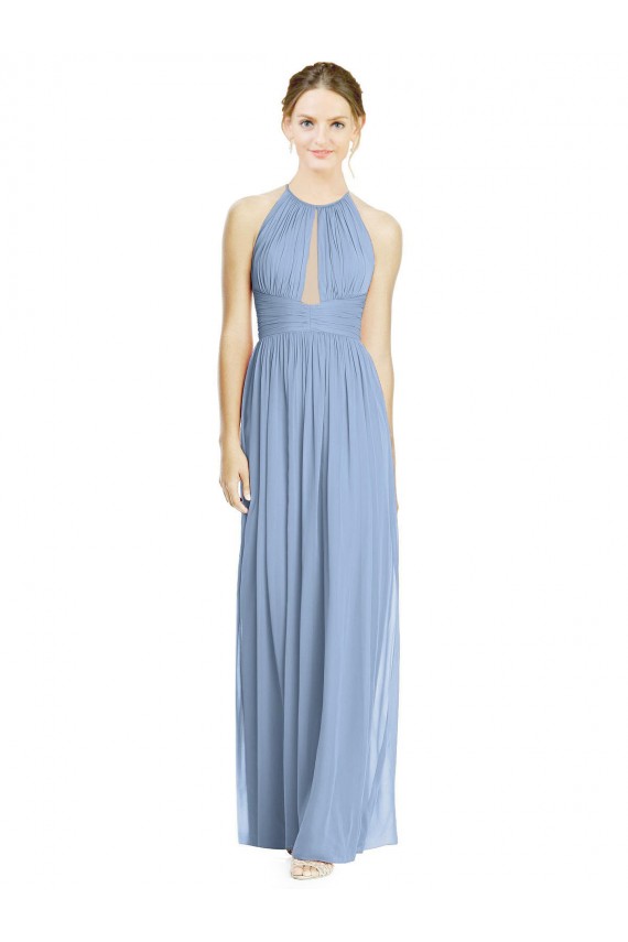 Staubiges Blau A-Linien Neckholder Chiffon Lange Brautjungfernkleider Verkäufer