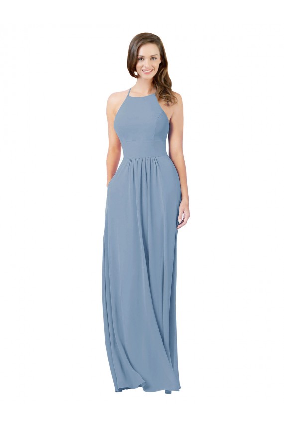 Staubiges Blau A-Linien Neckholder Chiffon Lange Brautjungfernkleider Verkäufer