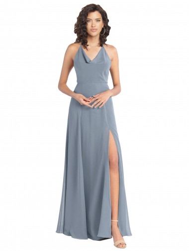 Staubiges Blau A-Linien Neckholder Haube Ausschnitt Chiffon Lange Brautjungfernkleider Verkäufer