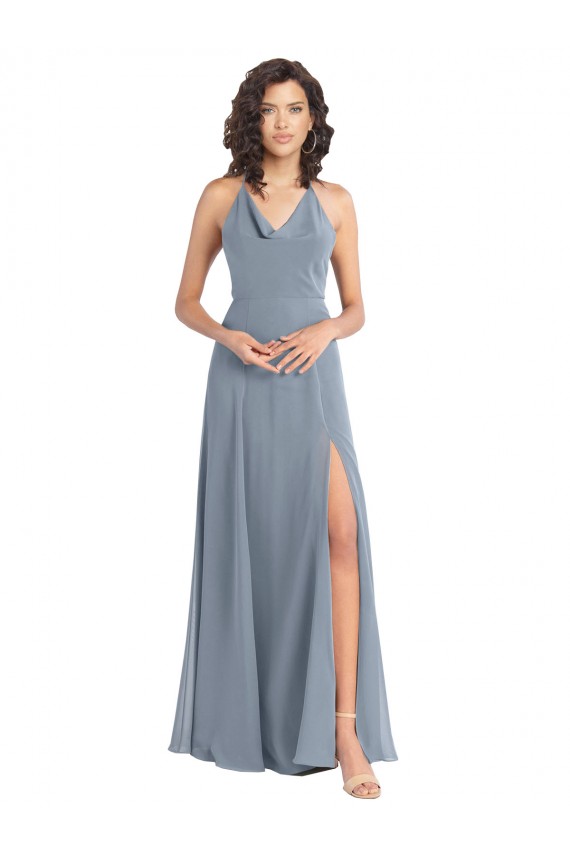 Staubiges Blau A-Linien Neckholder Haube Ausschnitt Chiffon Lange Brautjungfernkleider Verkäufer