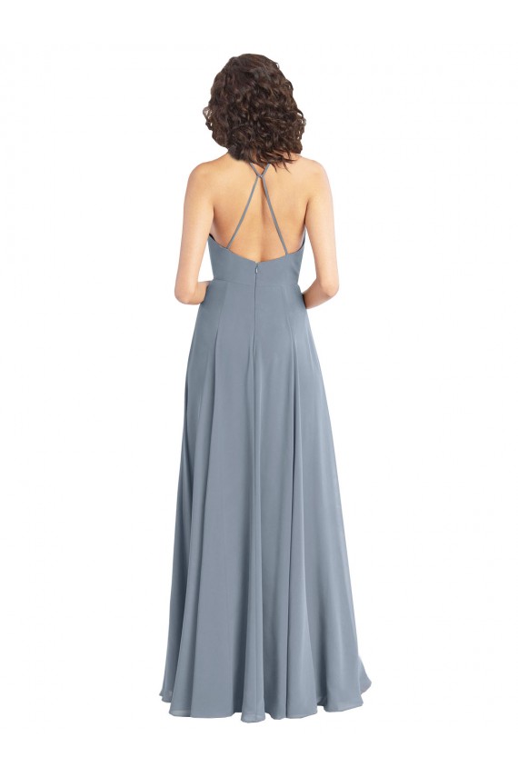 Staubiges Blau A-Linien Neckholder Haube Ausschnitt Chiffon Lange Brautjungfernkleider Verkäufer