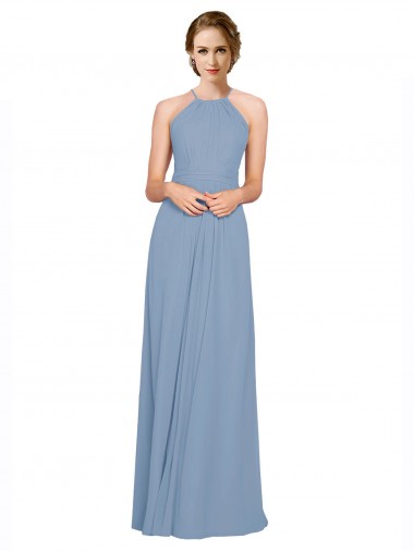Staubiges Blau A-Linien Neckholder Stehkragen Ausschnitt Chiffon Lange Brautjungfernkleider Verkäufer