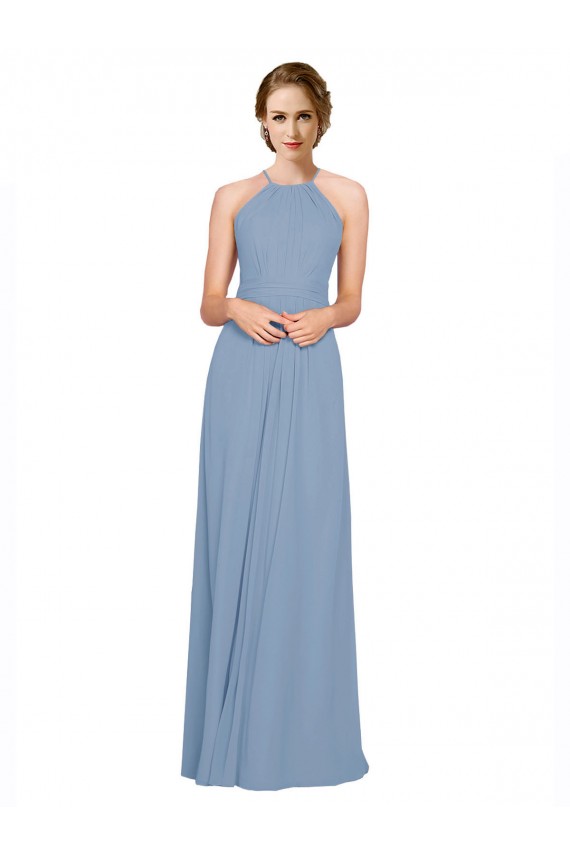Staubiges Blau A-Linien Neckholder Stehkragen Ausschnitt Chiffon Lange Brautjungfernkleider Verkäufer