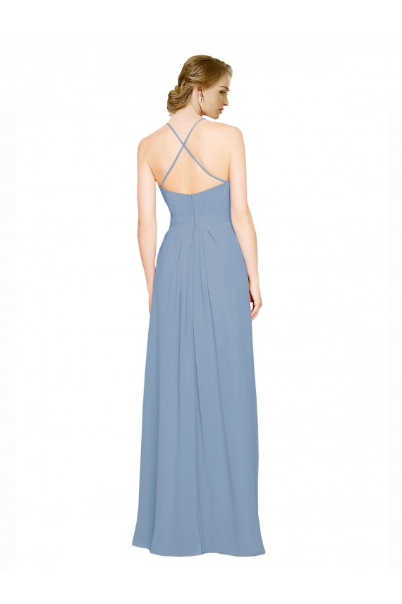 Staubiges Blau A-Linien Neckholder Stehkragen Ausschnitt Chiffon Lange Brautjungfernkleider Verkäufer