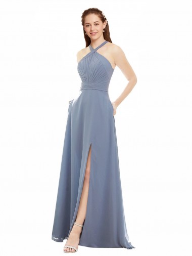 Staubiges Blau A-Linien Neckholder Stehkragen Ausschnitt Chiffon Lange Brautjungfernkleider Verkäufer