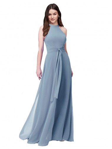 Staubiges Blau A-Linien Neckholder Stehkragen Ausschnitt Chiffon Lange Brautjungfernkleider Verkäufer