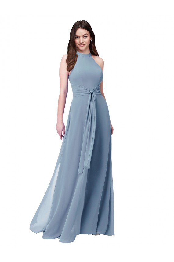 Staubiges Blau A-Linien Neckholder Stehkragen Ausschnitt Chiffon Lange Brautjungfernkleider Verkäufer