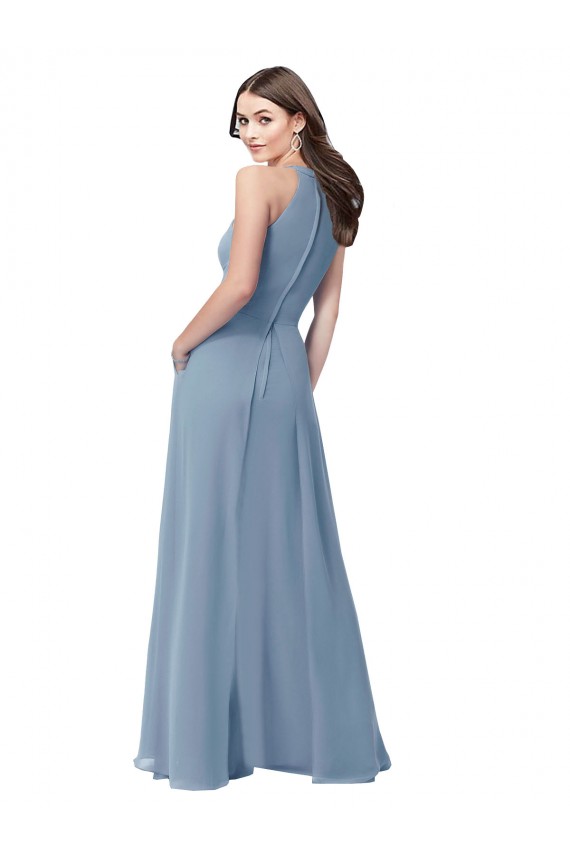 Staubiges Blau A-Linien Neckholder Stehkragen Ausschnitt Chiffon Lange Brautjungfernkleider Verkäufer