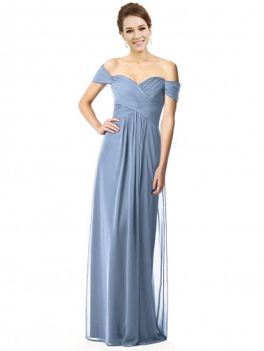 Staubiges Blau A-Linien Off-Schulter Chiffon Lange Brautjungfernkleider Verkäufer