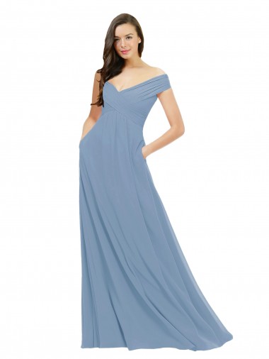 Staubiges Blau A-Linien Off-Schulter Chiffon Lange Brautjungfernkleider Verkäufer
