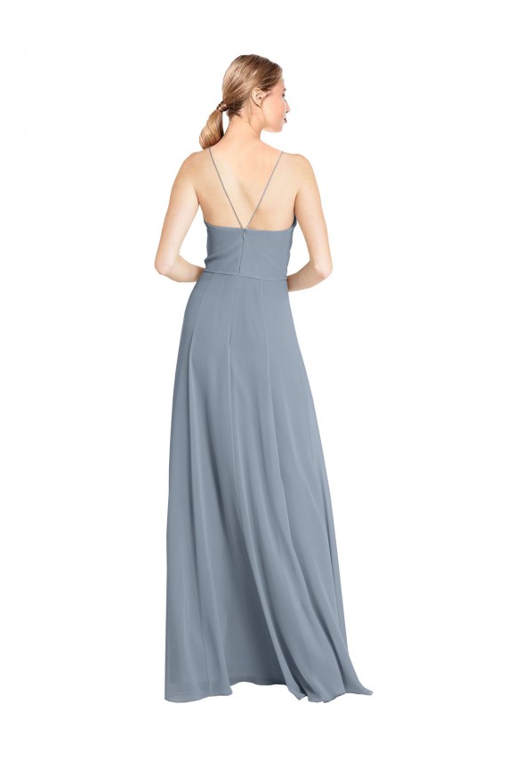 Staubiges Blau A-Linien Off-Schulter Spaghetti-Träger Chiffon Lange Brautjungfernkleider Verkäufer
