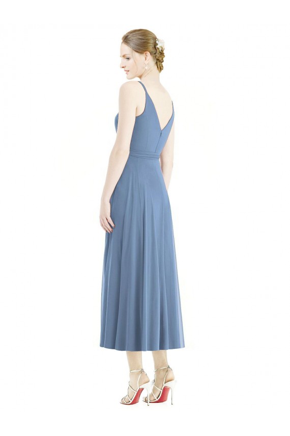 Staubiges Blau A-Linien Spaghetti-Träger Wadenlang Chiffon Kurze Brautjungfernkleider Verkäufer