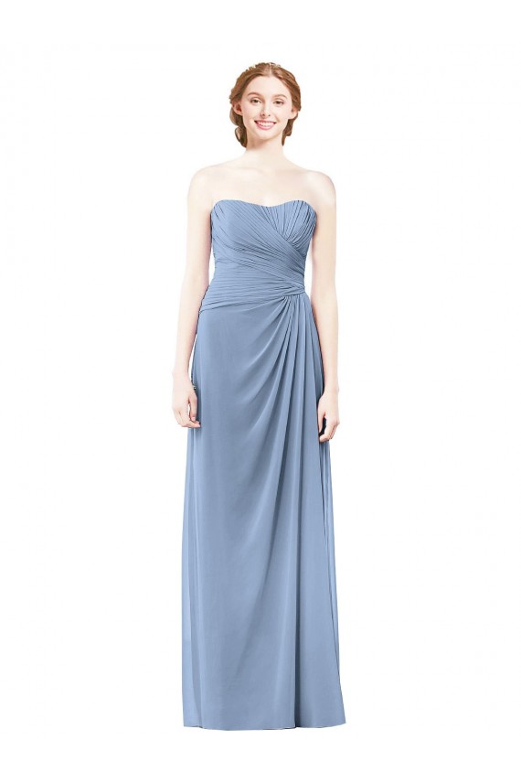 Staubiges Blau A-Linien Trägerlos Chiffon Lange Brautjungfernkleider Verkäufer