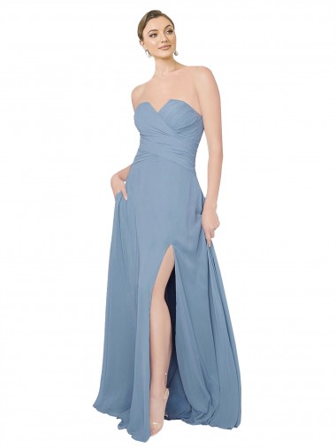 Staubiges Blau A-Linien Trägerlos Chiffon Lange Brautjungfernkleider Verkäufer