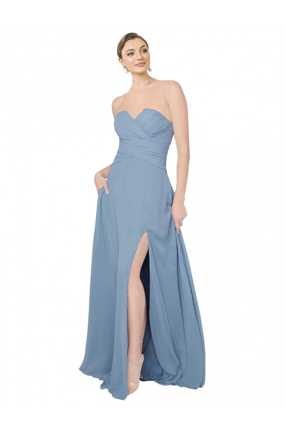 Staubiges Blau A-Linien Trägerlos Chiffon Lange Brautjungfernkleider Verkäufer