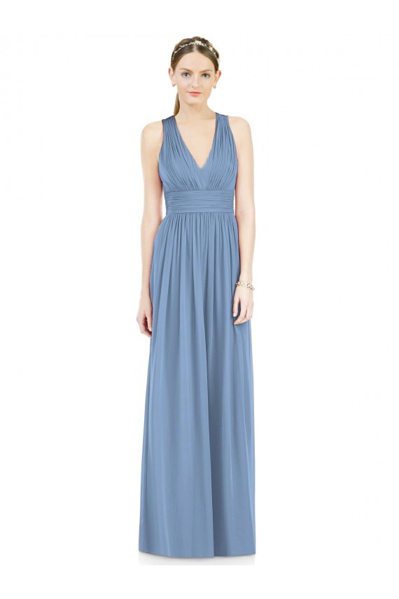 Staubiges Blau A-Linien V-Ausschnitt Chiffon Lange Brautjungfernkleider Verkäufer