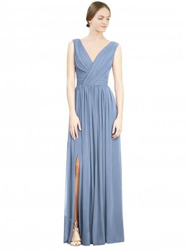 Staubiges Blau A-Linien V-Ausschnitt Chiffon Lange Brautjungfernkleider Verkäufer