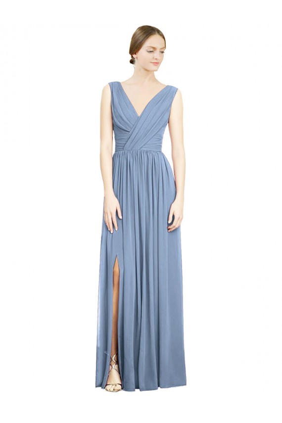 Staubiges Blau A-Linien V-Ausschnitt Chiffon Lange Brautjungfernkleider Verkäufer