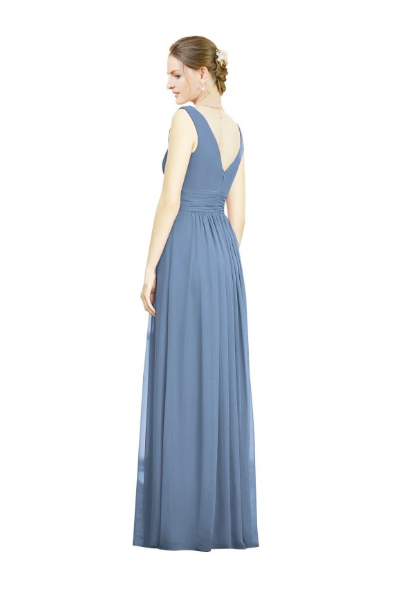 Staubiges Blau A-Linien V-Ausschnitt Chiffon Lange Brautjungfernkleider Verkäufer